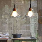 Fluted Glass Pendant Light with Wooden Fitting, 3 Shade Shapes