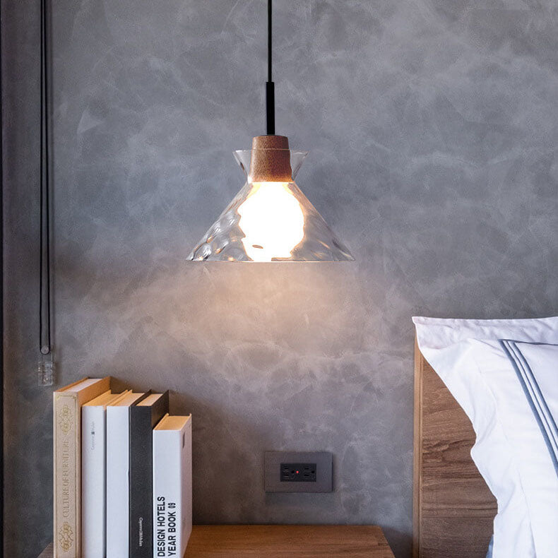 Fluted Glass Pendant Light with Wooden Fitting, 3 Shade Shapes