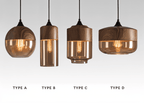 Amber Glass Pendant Light with Wood-Effect Trim, Four Shapes