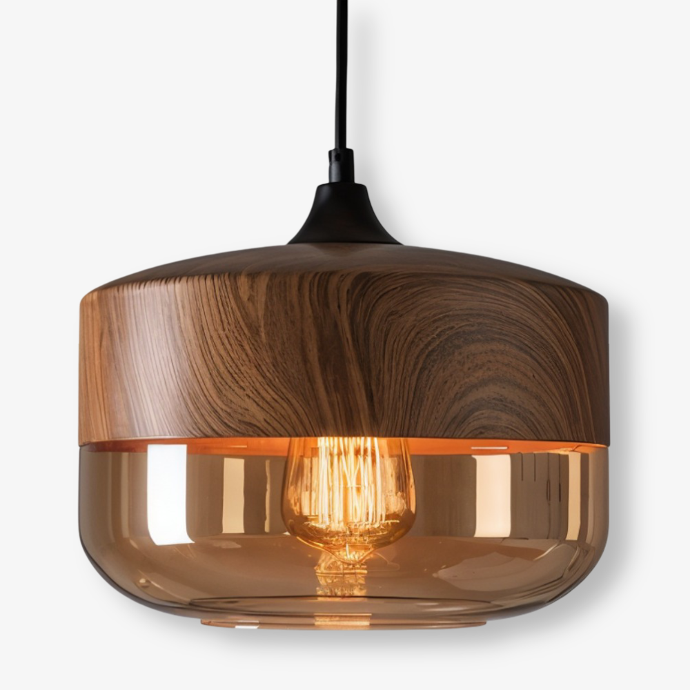 Amber Glass Pendant Light with Wood-Effect Trim, Four Shapes