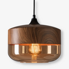 Amber Glass Pendant Light with Wood-Effect Trim, Four Shapes