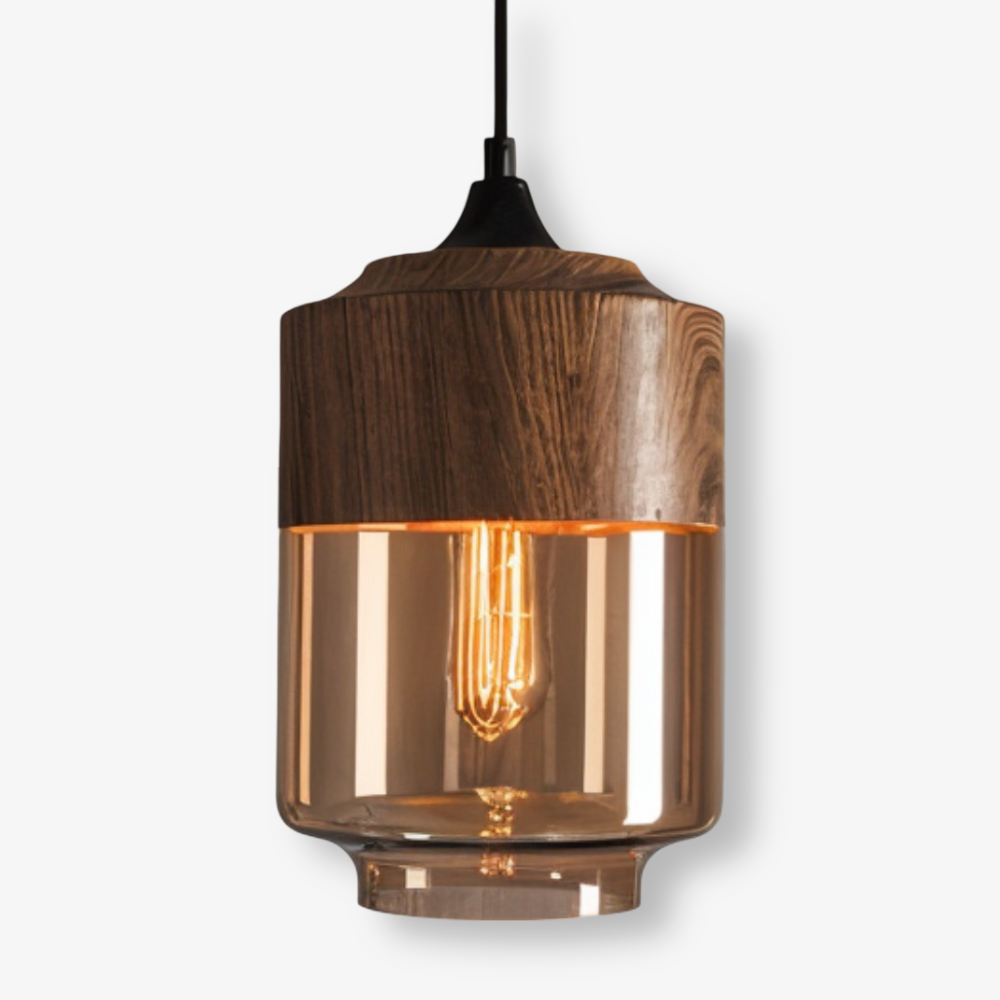 Amber Glass Pendant Light with Wood-Effect Trim, Four Shapes