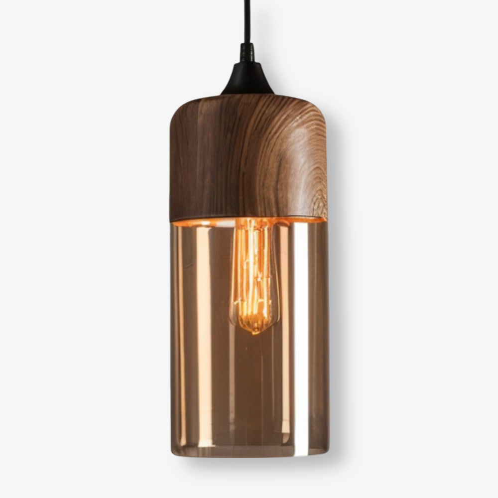 Amber Glass Pendant Light with Wood-Effect Trim, Four Shapes