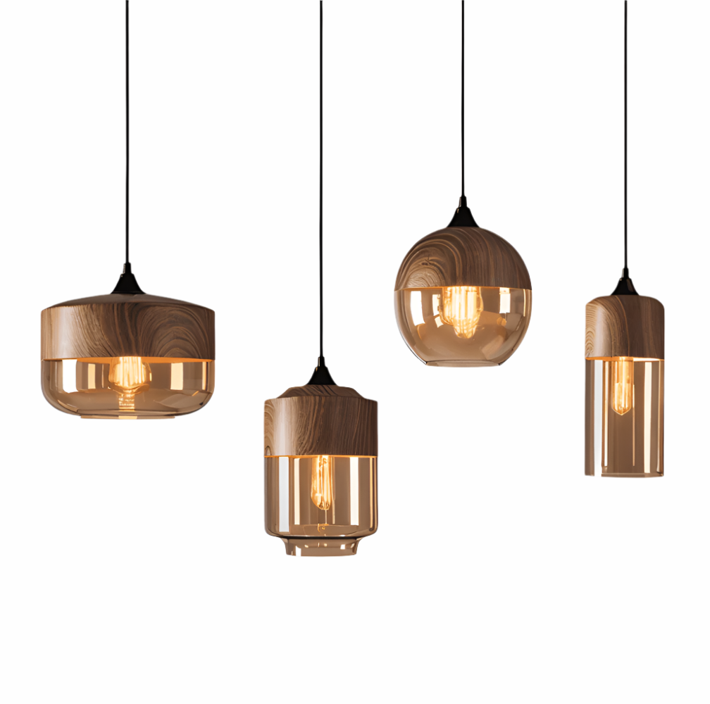 Amber Glass Pendant Light with Wood-Effect Trim, Four Shapes