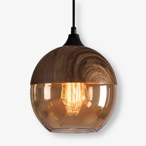 Amber Glass Pendant Light with Wood-Effect Trim, Four Shapes
