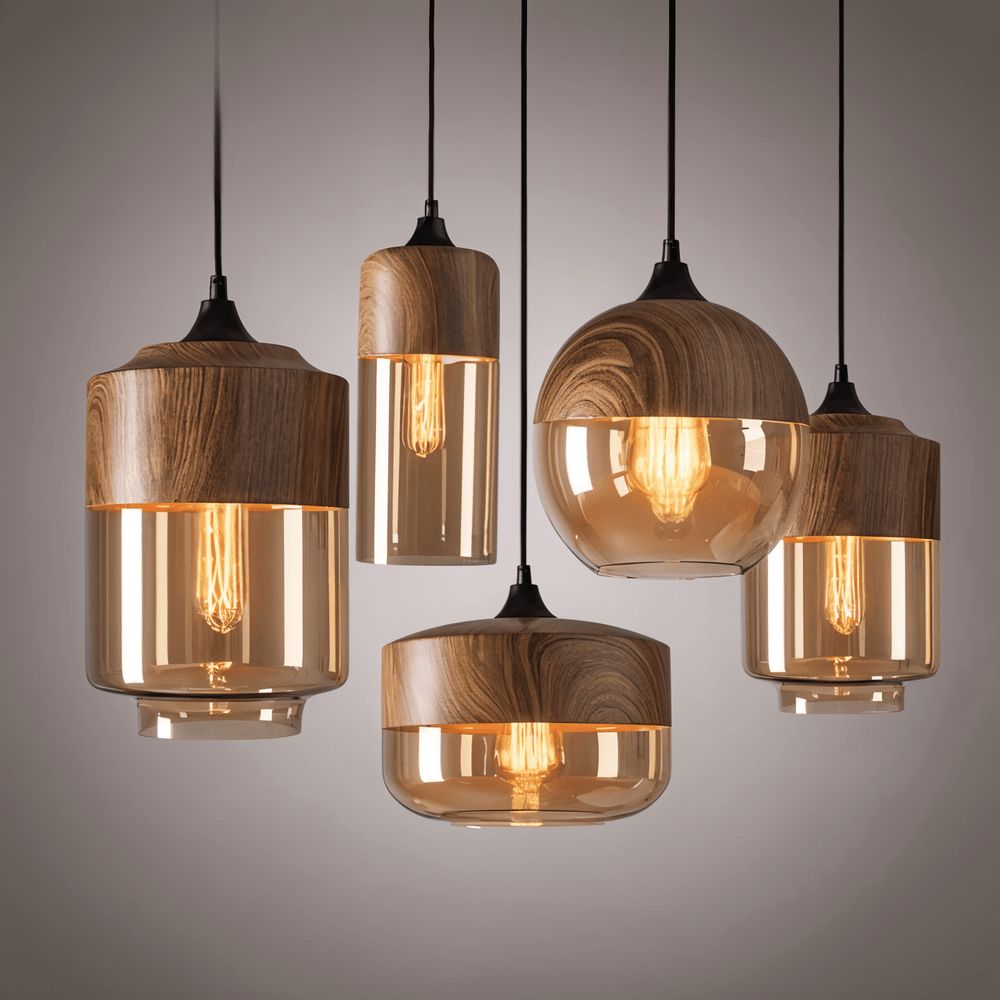 Amber Glass Pendant Light with Wood-Effect Trim, Four Shapes
