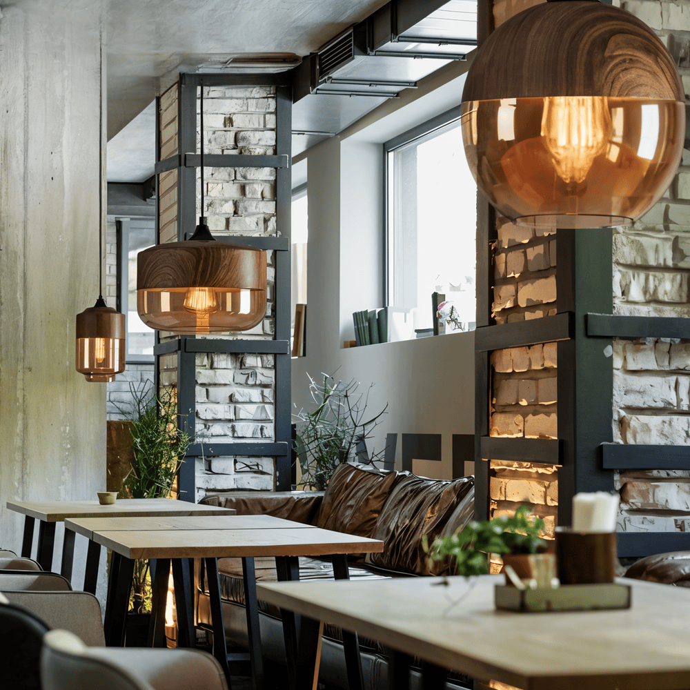 Amber Glass Pendant Light with Wood-Effect Trim, Four Shapes