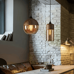 Amber Glass Pendant Light with Wood-Effect Trim, Four Shapes
