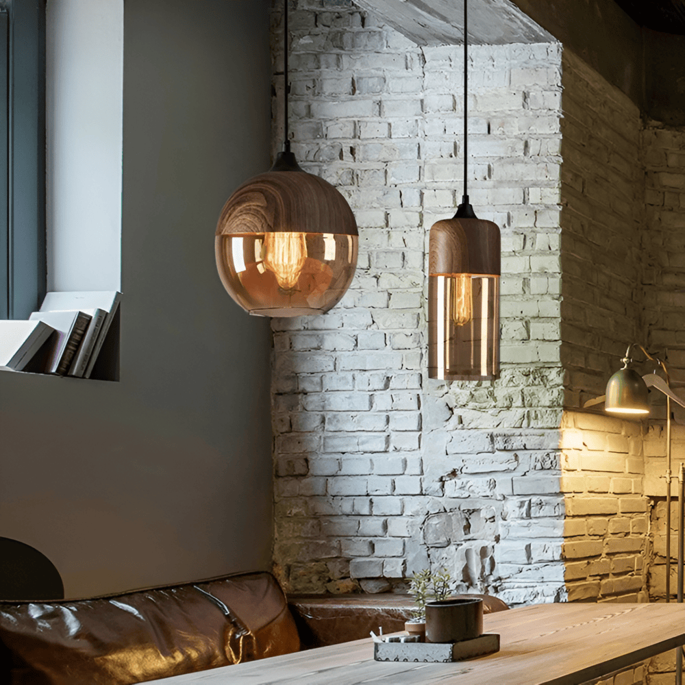 Amber Glass Pendant Light with Wood-Effect Trim, Four Shapes