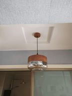 Amber Glass Pendant Light with Wood-Effect Trim, Four Shapes