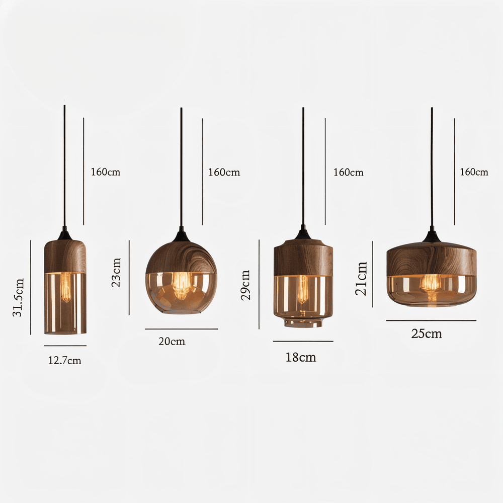 Amber Glass Pendant Light with Wood-Effect Trim, Four Shapes