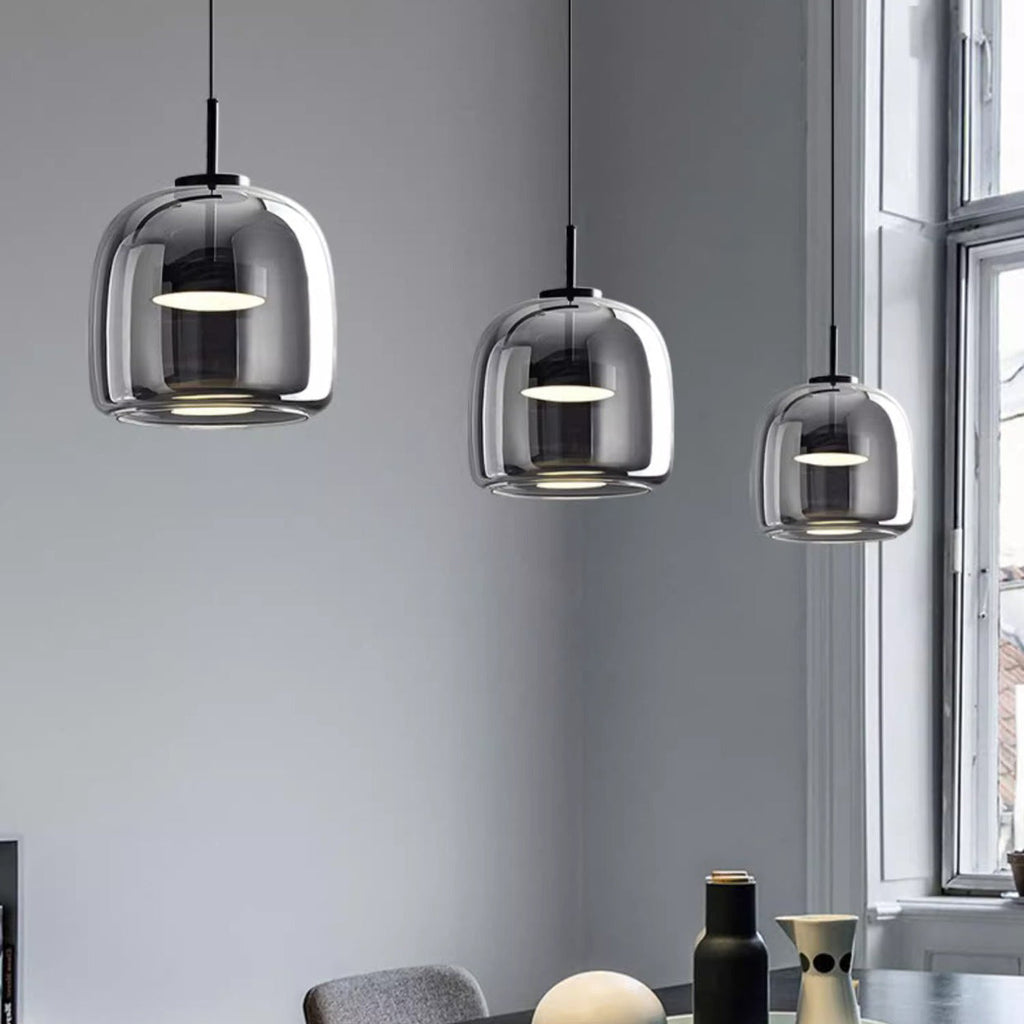 Scandi Amber or Grey Glass Pendant Light, Integrated LED