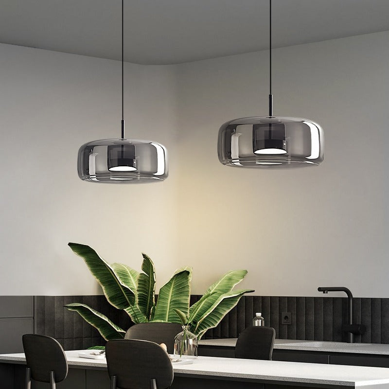 Scandi Amber or Grey Glass Pendant Light, Integrated LED
