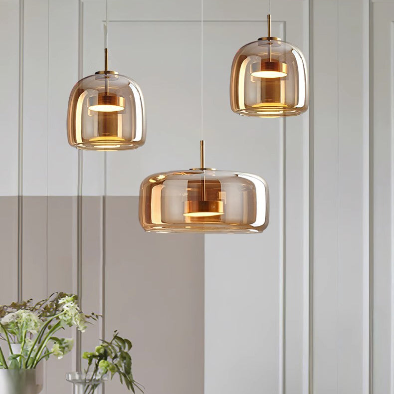 Scandi Amber or Grey Glass Pendant Light, Integrated LED