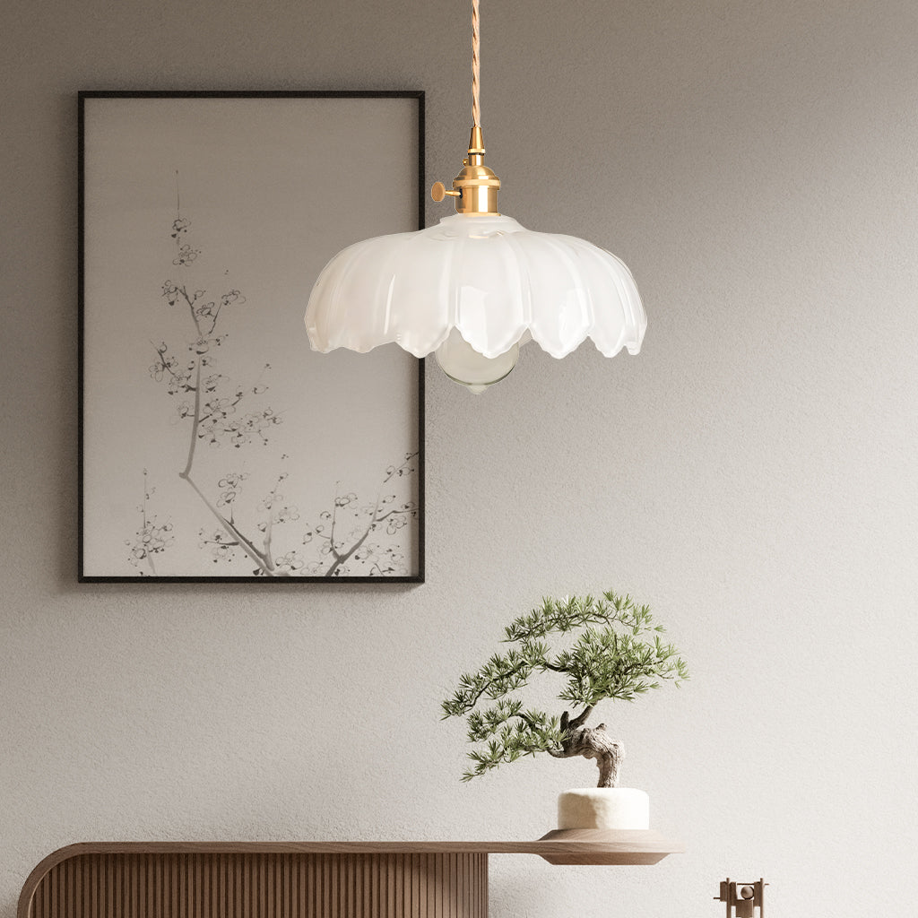 Vintage Tulip Glass Pendant Light with Polished Brass Holder