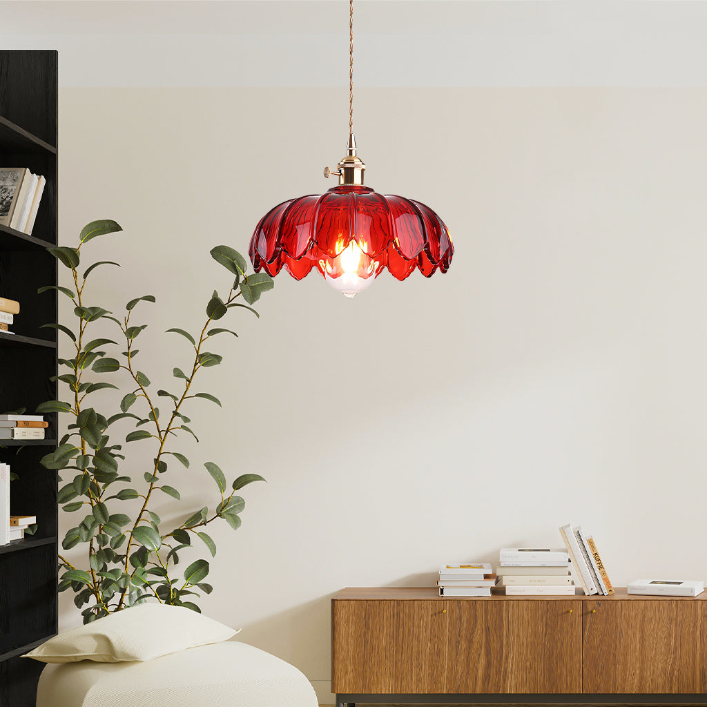 Vintage Tulip Glass Pendant Light with Polished Brass Holder