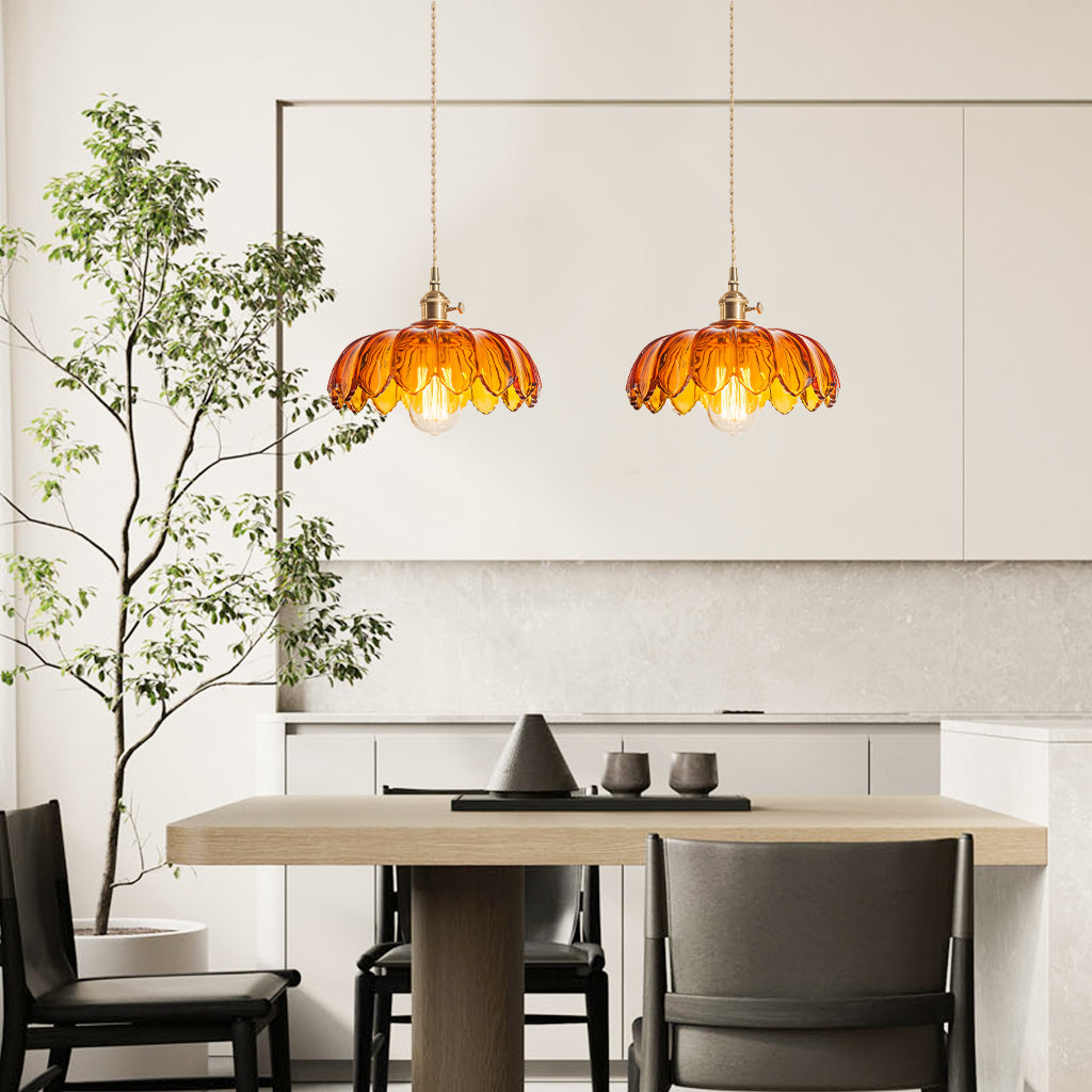 Vintage Tulip Glass Pendant Light with Polished Brass Holder