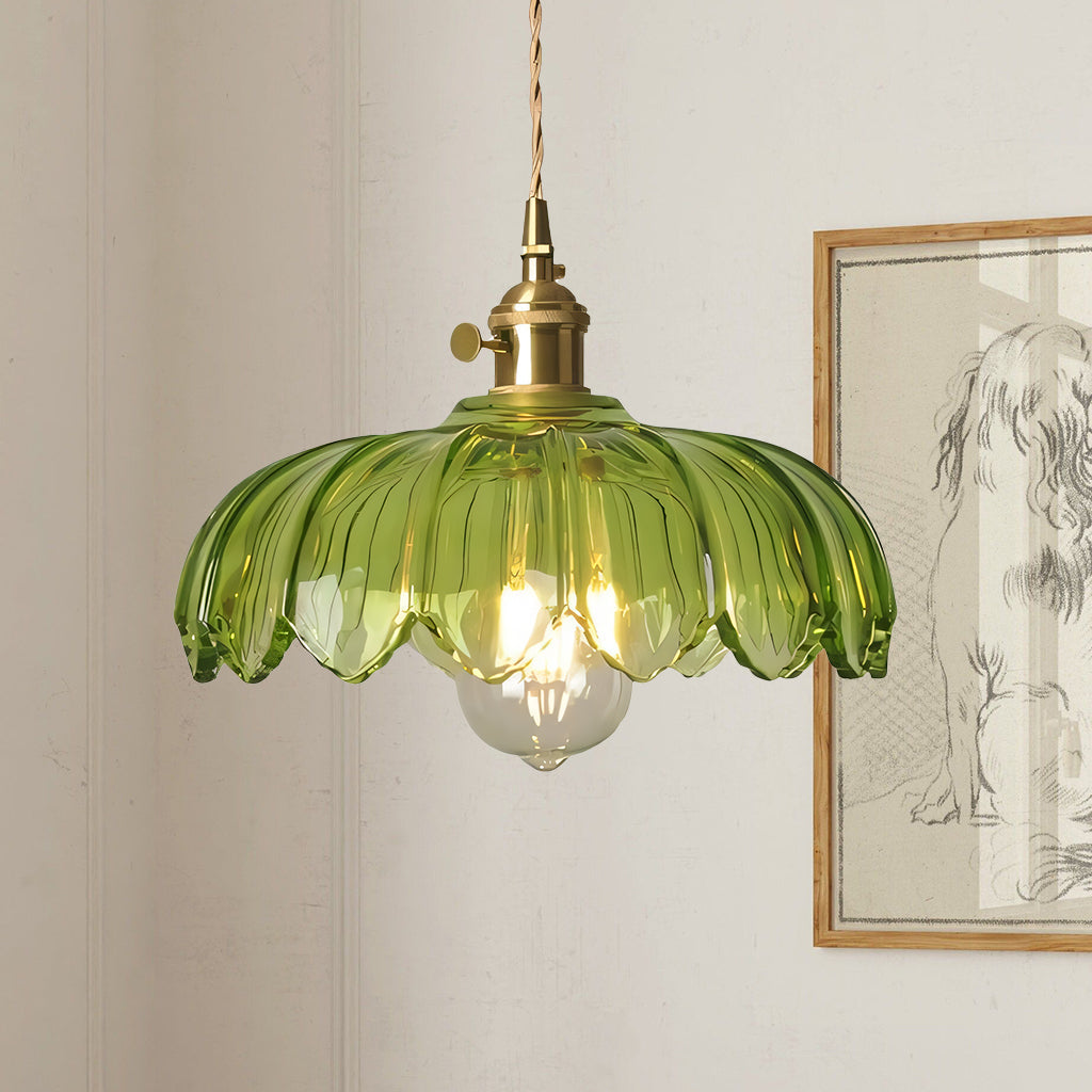 Vintage Tulip Glass Pendant Light with Polished Brass Holder