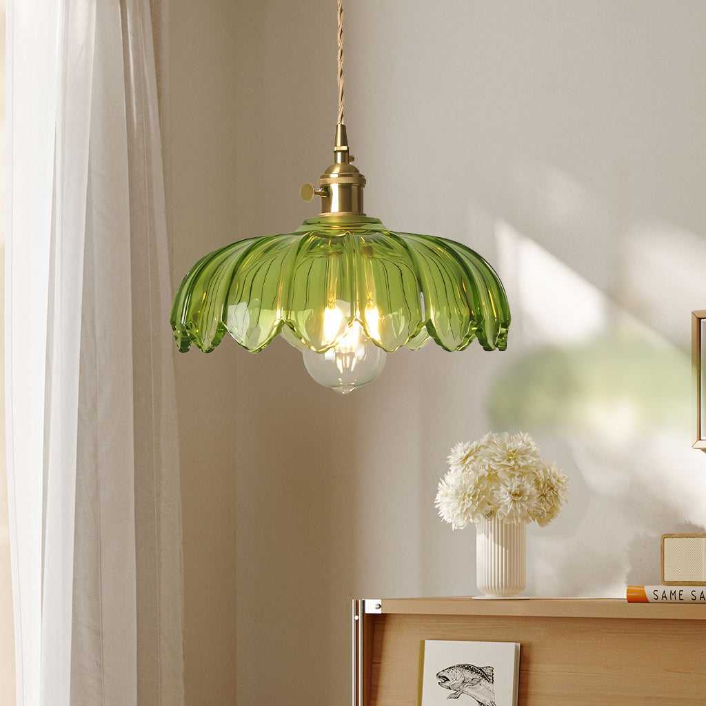 Vintage Tulip Glass Pendant Light with Polished Brass Holder