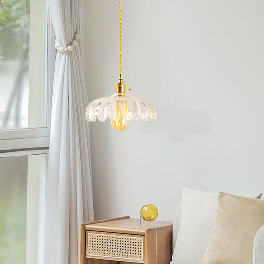 Vintage Tulip Glass Pendant Light with Polished Brass Holder