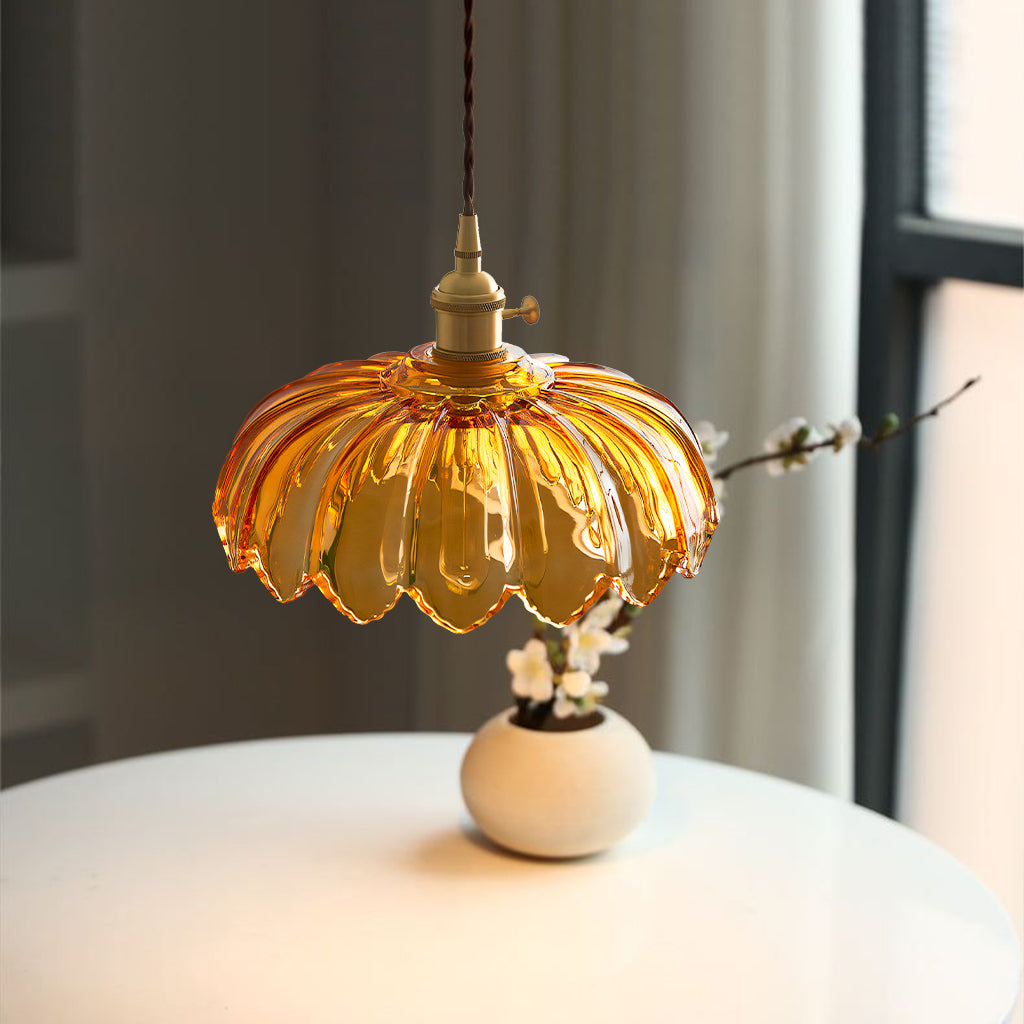 Vintage Tulip Glass Pendant Light with Polished Brass Holder