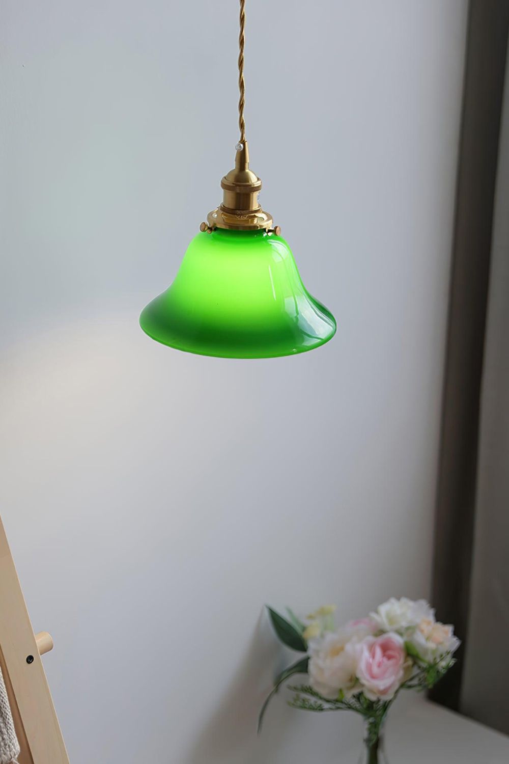 Vintage Bell Shaped Green Glass Pendant with Braided Cord