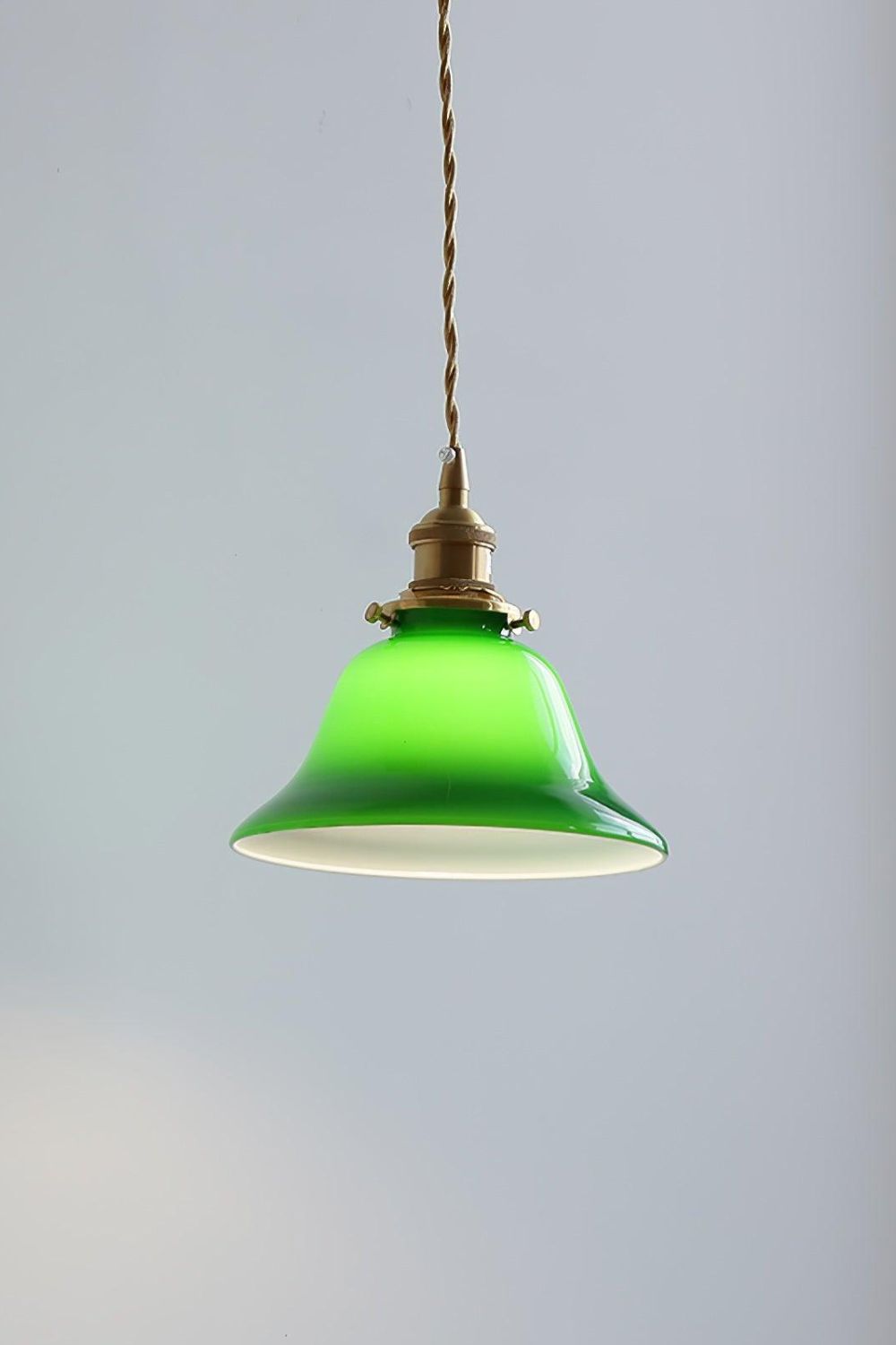 Vintage Bell Shaped Green Glass Pendant with Braided Cord