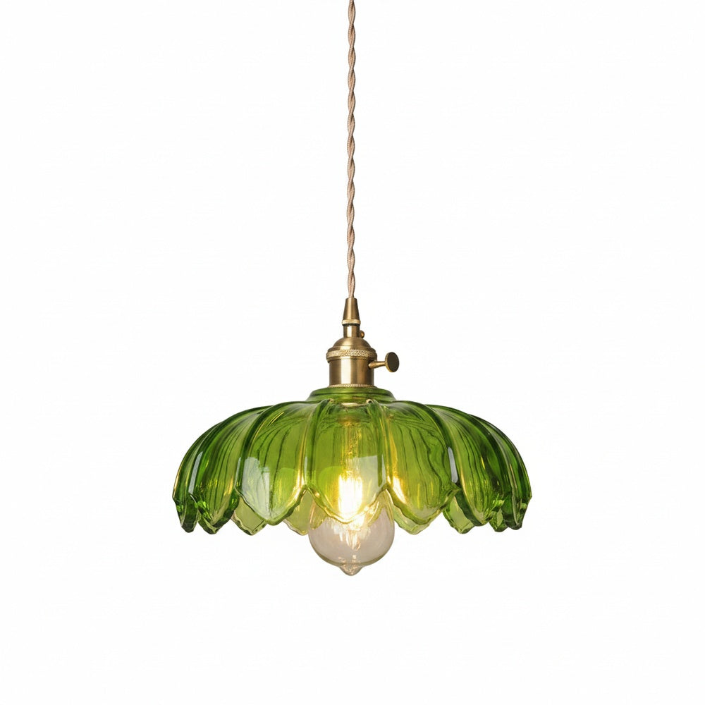 Vintage Flower Glass Pendant Light with Brass Holder, Plug-In