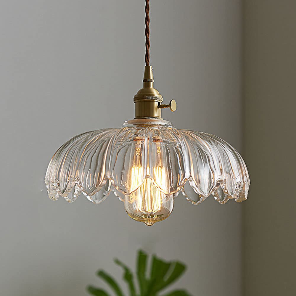 Vintage Flower Glass Pendant Light with Brass Holder, Plug-In