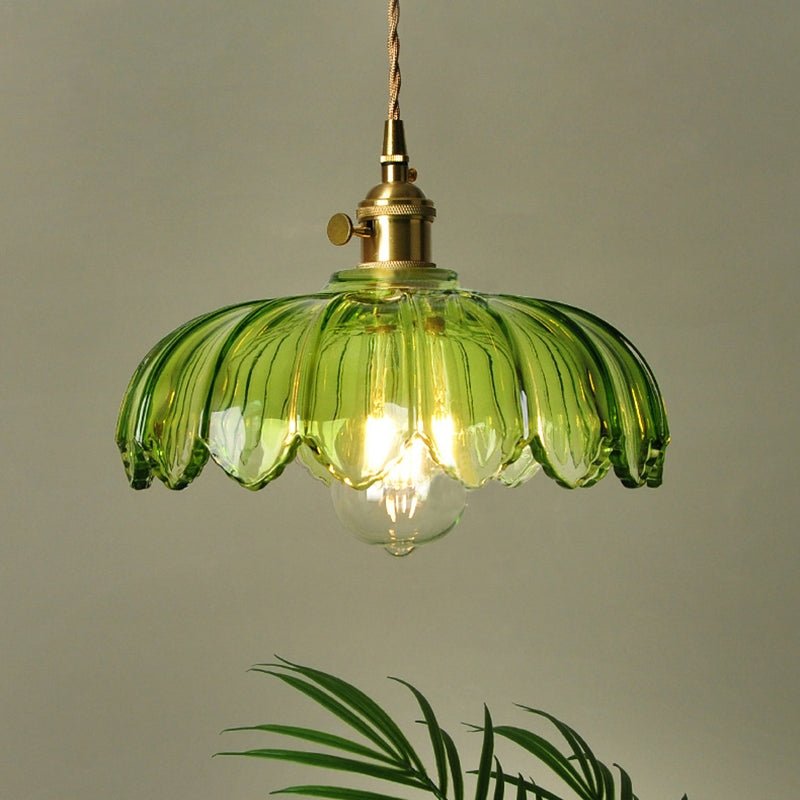Vintage Flower Glass Pendant Light with Brass Holder, Plug-In