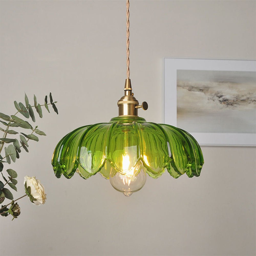 Vintage Flower Glass Pendant Light with Brass Holder, Plug-In