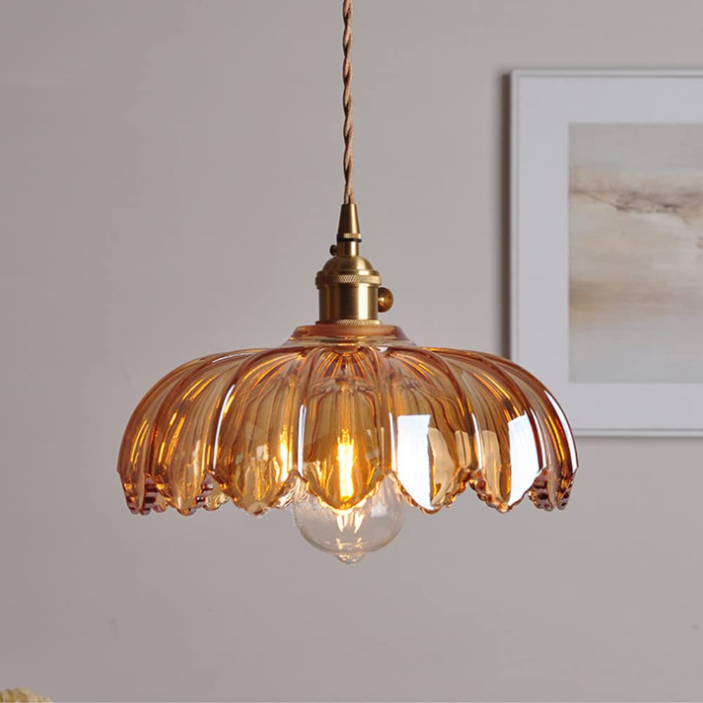 Vintage Flower Glass Pendant Light with Brass Holder, Plug-In
