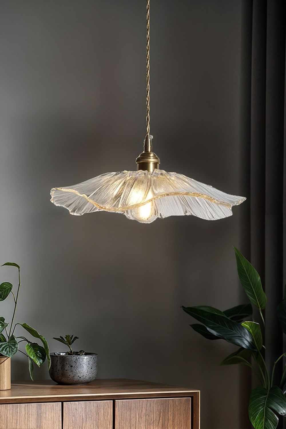Vintage Lotus Glass Pendant Light with Brass Finish