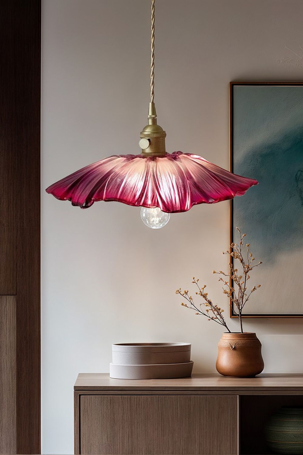 Vintage Lotus Glass Pendant Light with Brass Finish