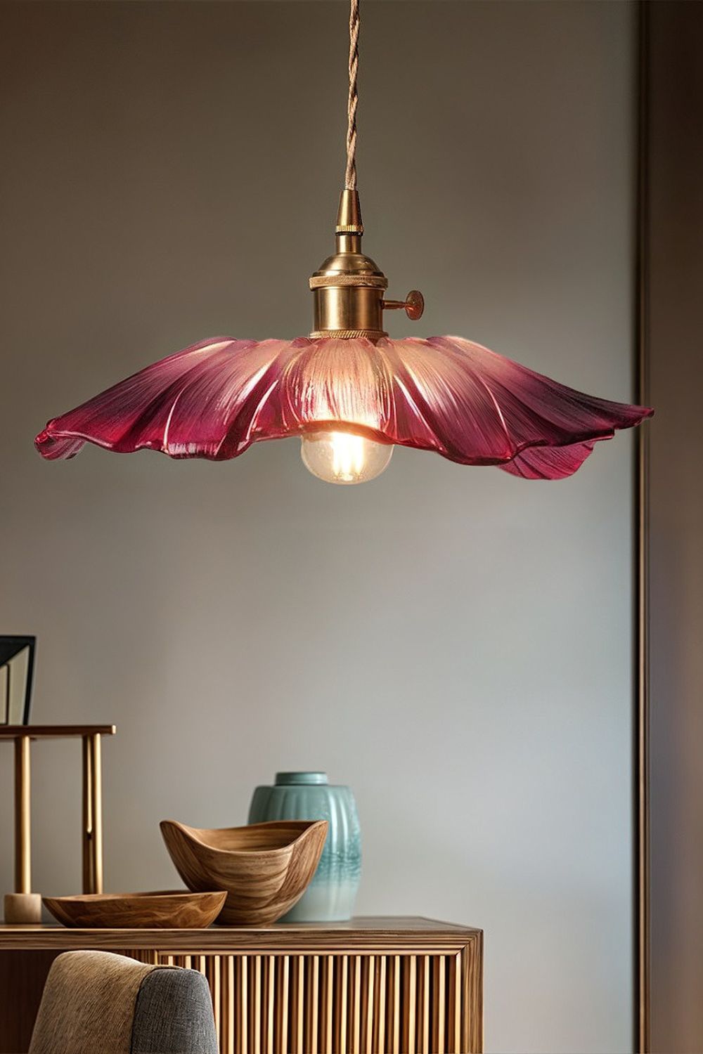 Vintage Lotus Glass Pendant Light with Brass Finish