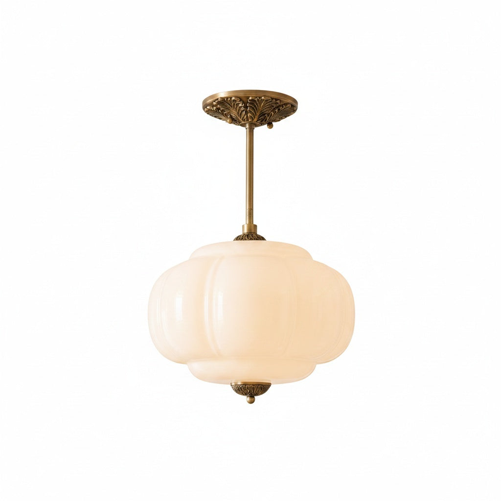 Ribbed Milk Glass Pumpkin Pendant Light, Semi-Flush Fitting