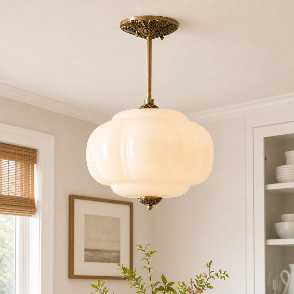 Ribbed Milk Glass Pumpkin Pendant Light, Semi-Flush Fitting