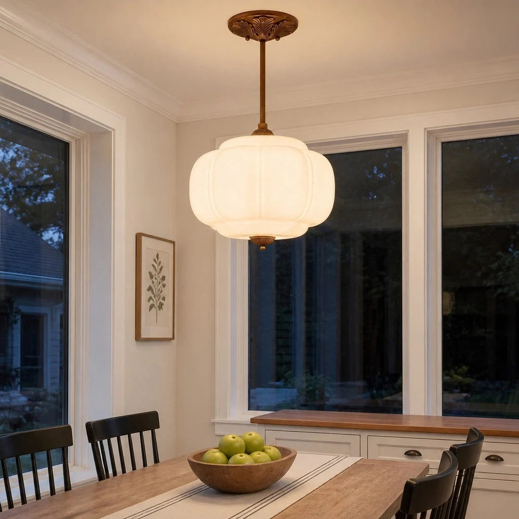 Ribbed Milk Glass Pumpkin Pendant Light, Semi-Flush Fitting