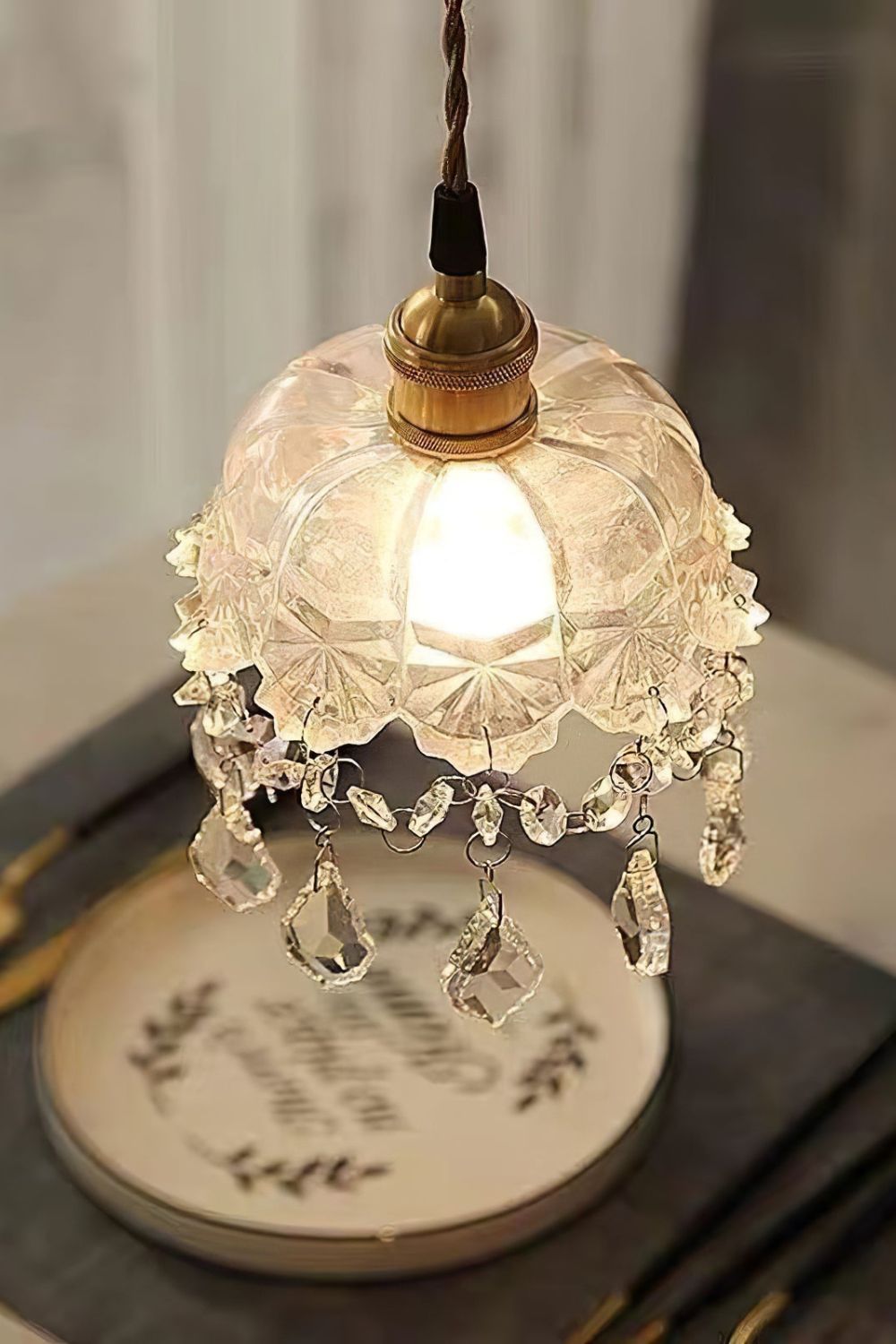 Vintage Glass Pendant Light with Crystal Drops, 20 cm