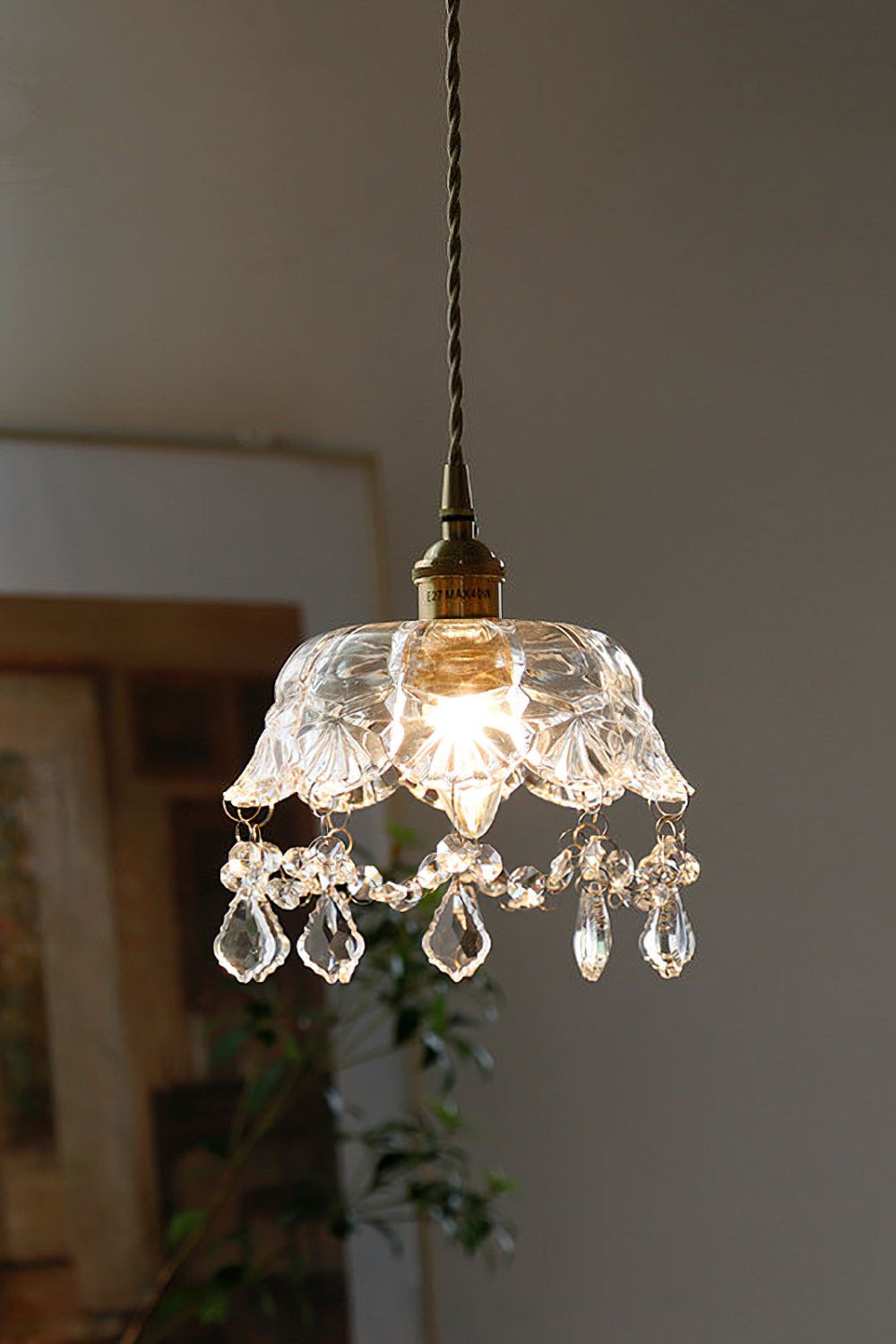 Vintage Glass Pendant Light with Crystal Drops, 20 cm