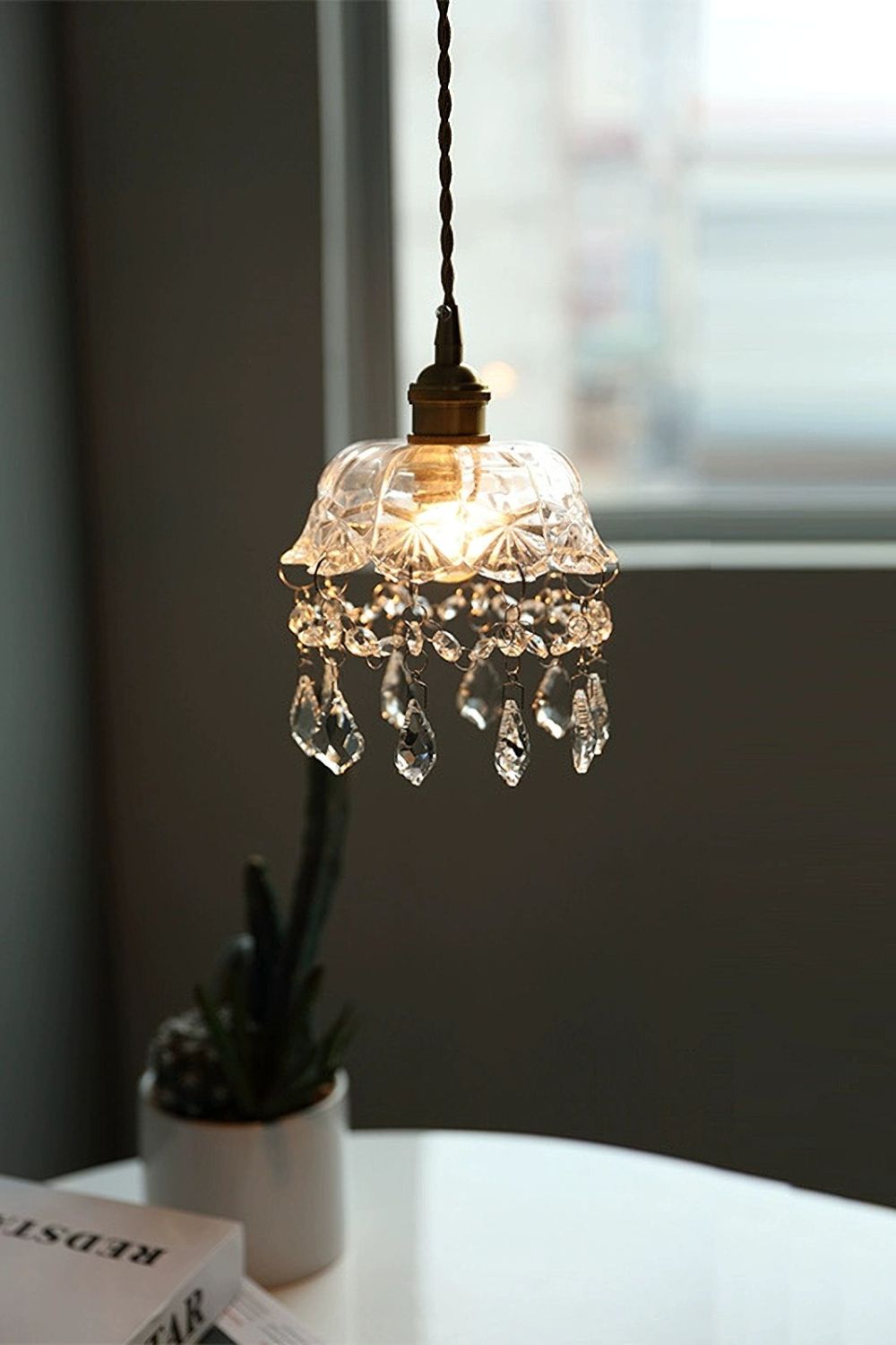 Vintage Glass Pendant Light with Crystal Drops, 20 cm