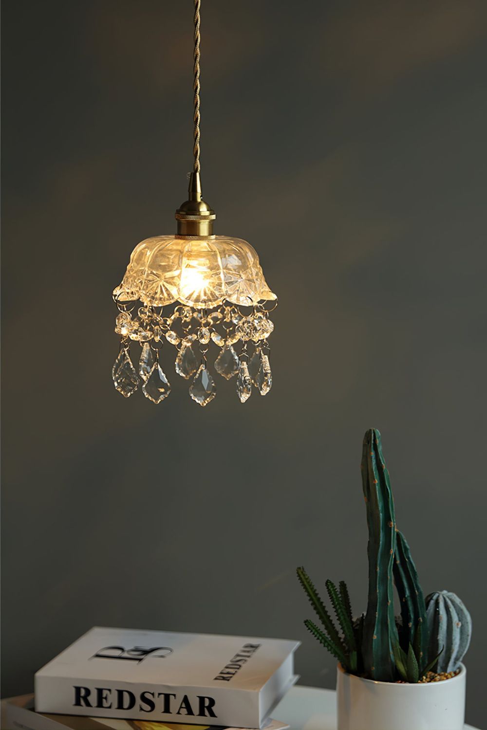 Vintage Glass Pendant Light with Crystal Drops, 20 cm