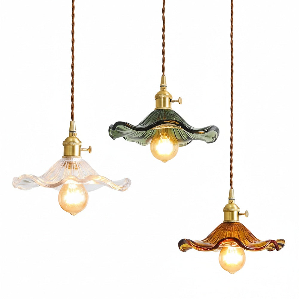 Vintage Fluted Flower Glass Pendant Light with Brass Fitting