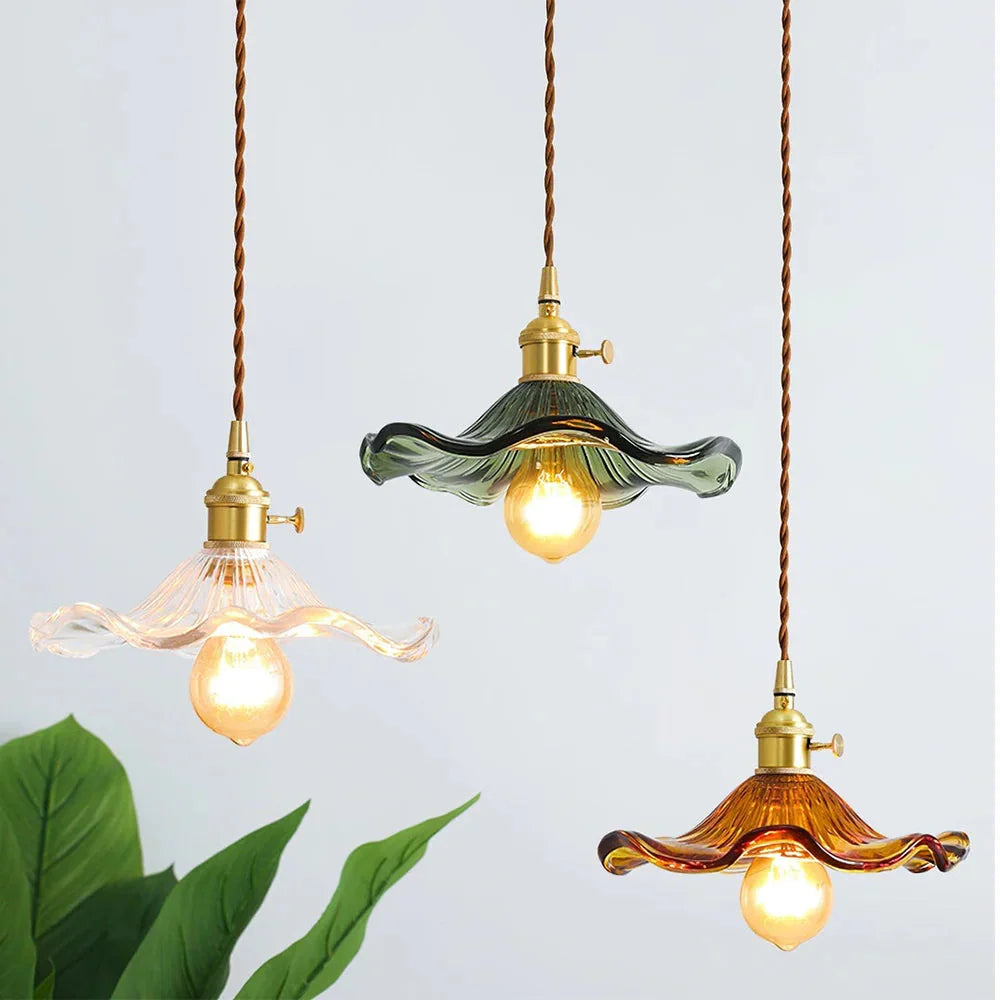 Vintage Fluted Flower Glass Pendant Light with Brass Fitting