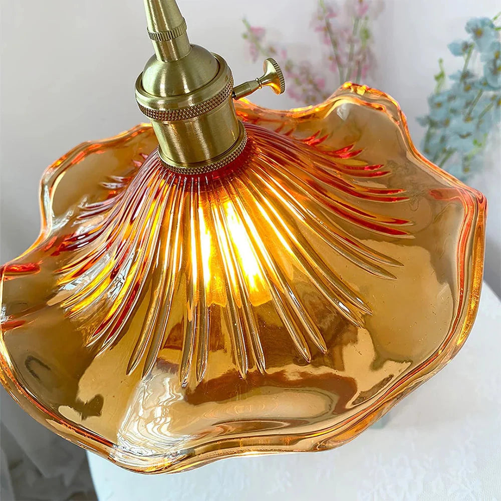 Vintage Fluted Flower Glass Pendant Light with Brass Fitting