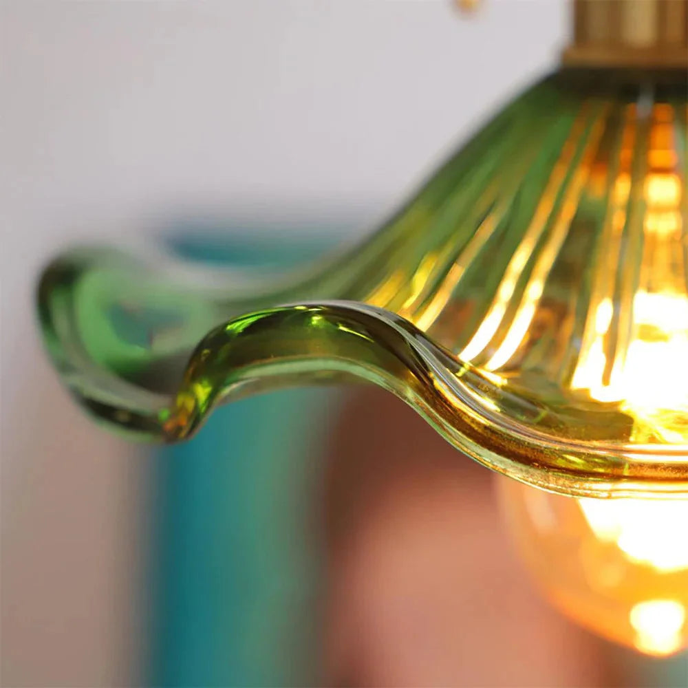 Vintage Fluted Flower Glass Pendant Light with Brass Fitting