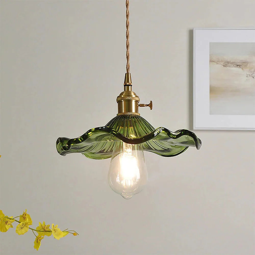 Vintage Fluted Flower Glass Pendant Light with Brass Fitting