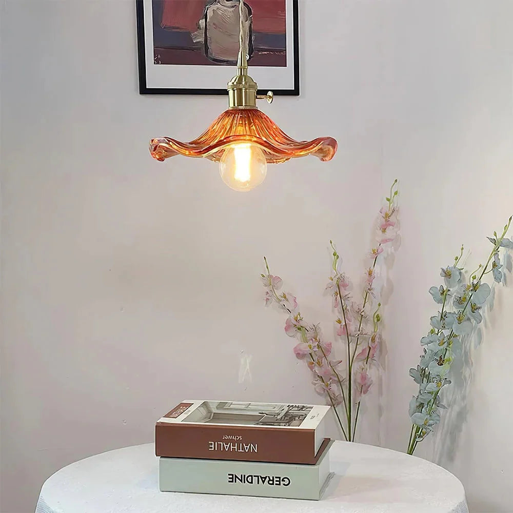 Vintage Fluted Flower Glass Pendant Light with Brass Fitting