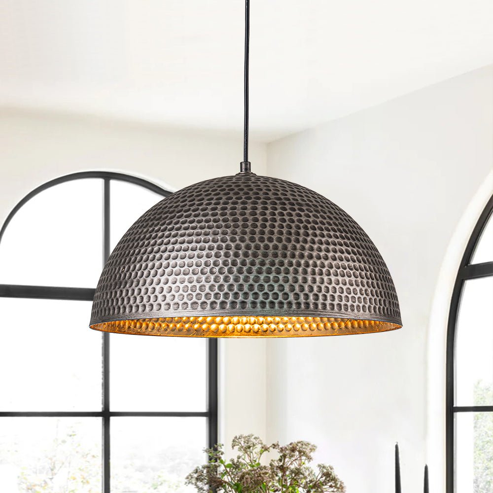 Vintage Hammered Metal Dome Pendant with Gold Interior