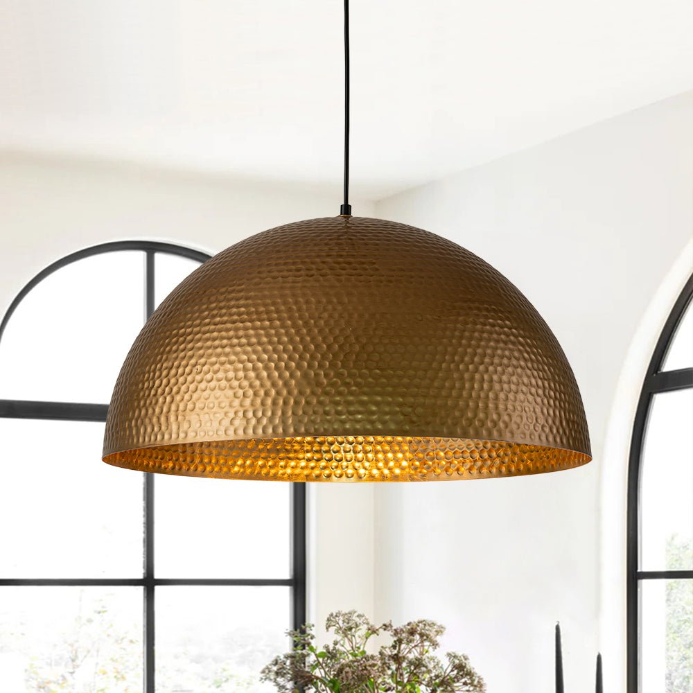 Vintage Hammered Metal Dome Pendant with Gold Interior